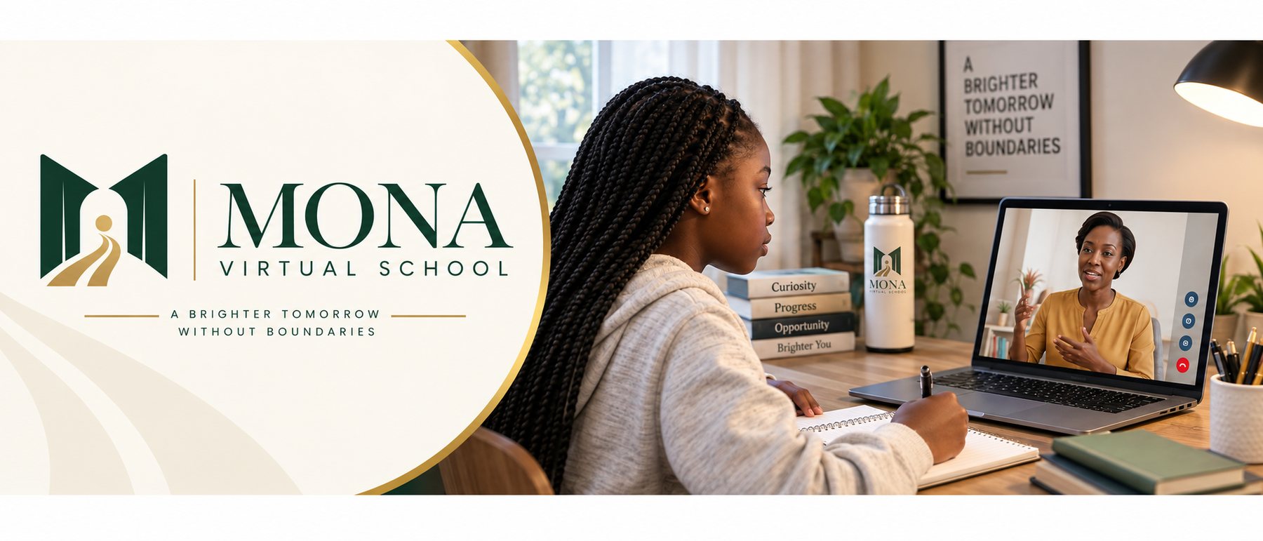 Mona Virtual School learner in a live video class with her teacher