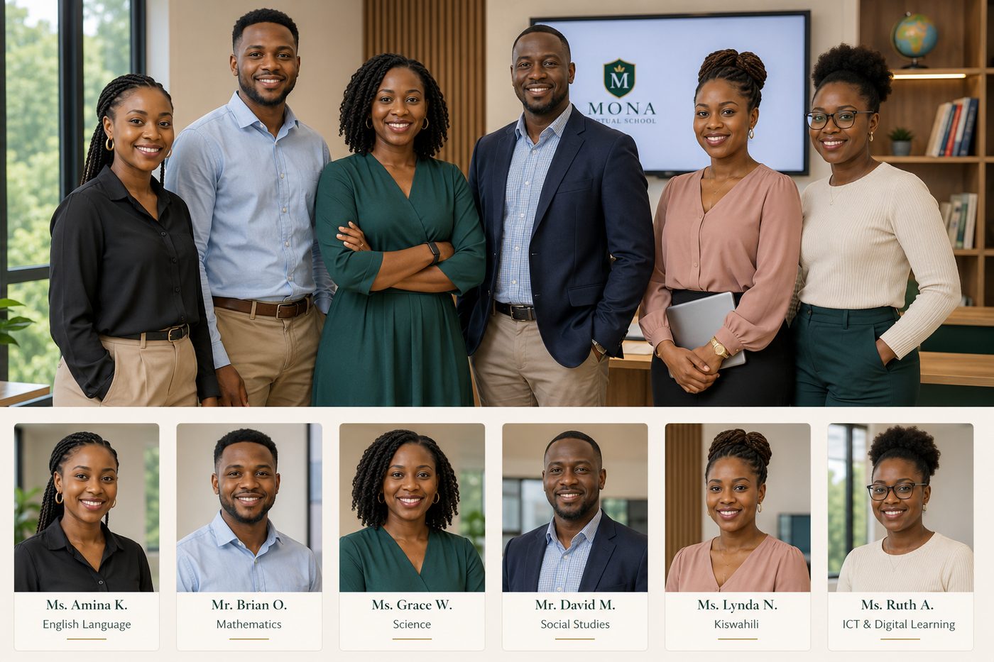 The Mona Virtual School teaching team, and individual portraits of six Mona teachers with their subject areas