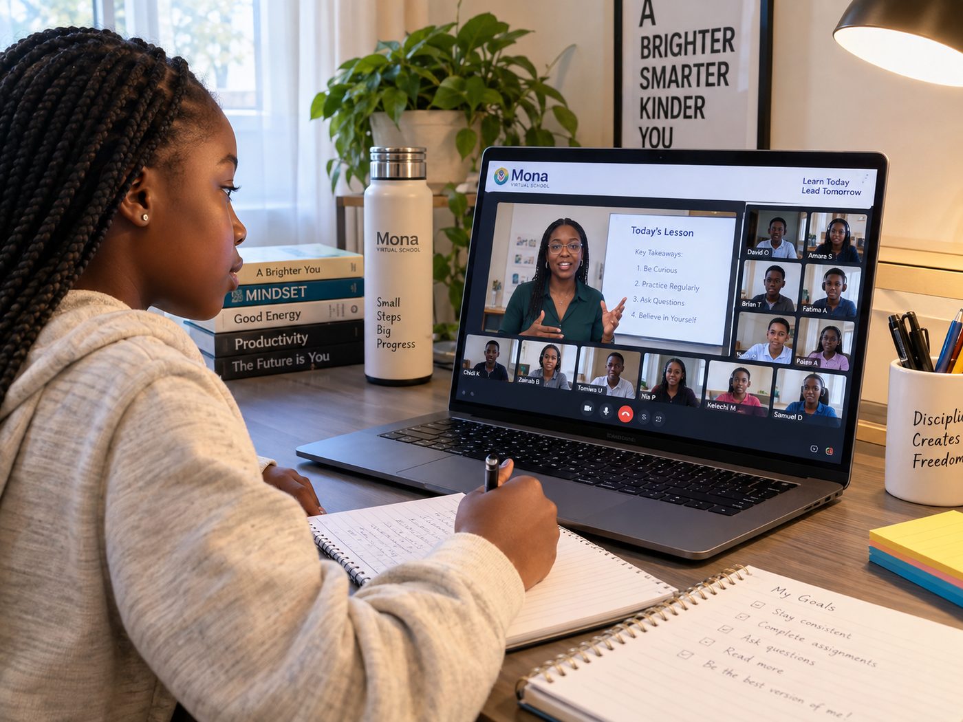 A Mona learner taking notes during a live online class, with her teacher and classmates visible on screen